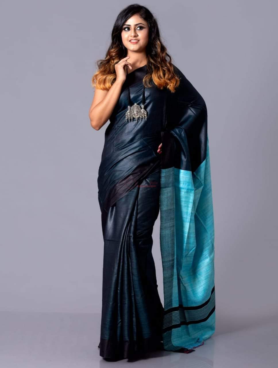 Pure Tussar Staple Handloom Silk Saree with Ghicha Pallu - Image 11 | Bong Trendz