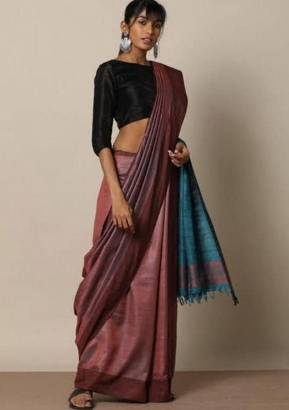 Pure Tussar Staple Handloom Silk Saree with Ghicha Pallu - Image 2 | Bong Trendz