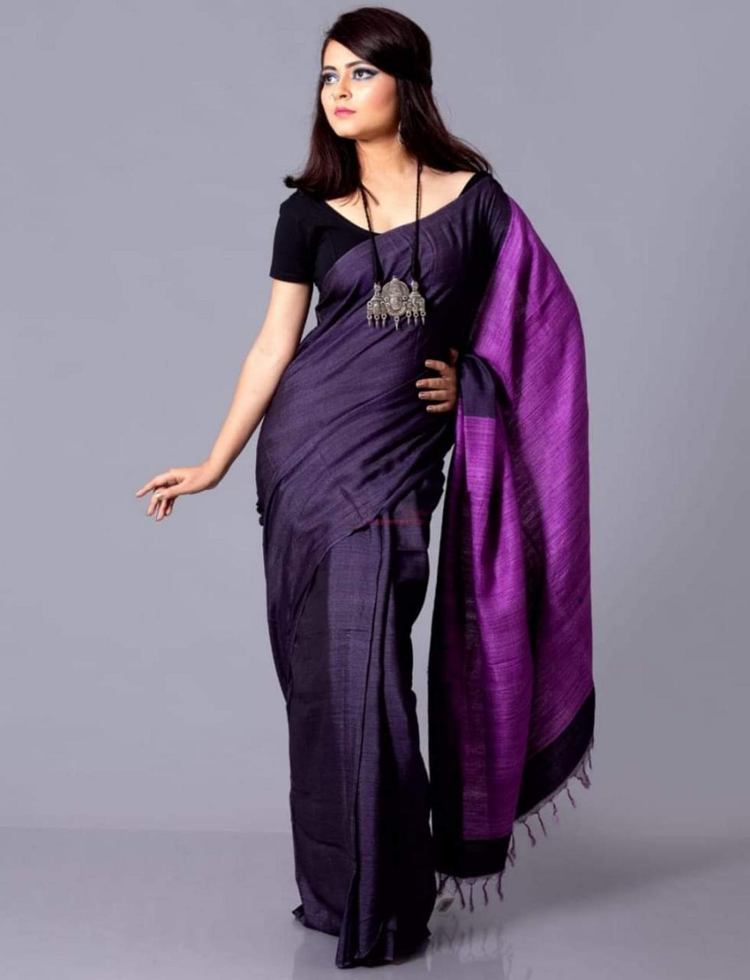 Pure Tussar Staple Handloom Silk Saree with Ghicha Pallu - Image 3 | Bong Trendz