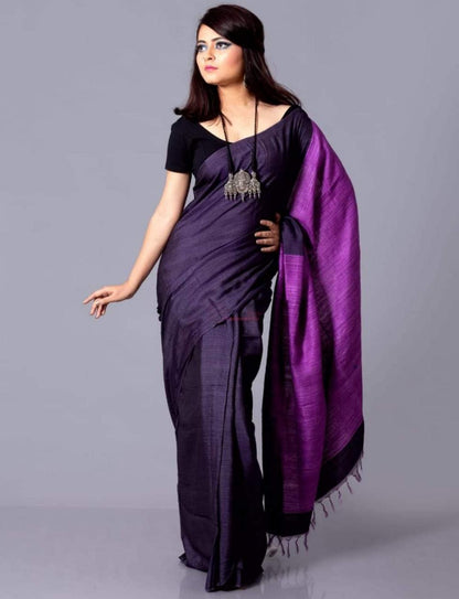 Pure Tussar Staple Handloom Silk Saree with Ghicha Pallu - Image 3 | Bong Trendz