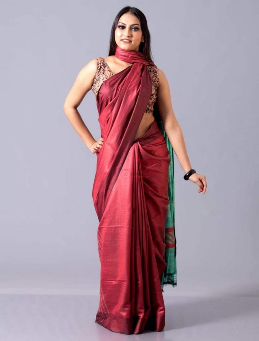 Pure Tussar Staple Handloom Silk Saree with Ghicha Pallu - Image 4 | Bong Trendz