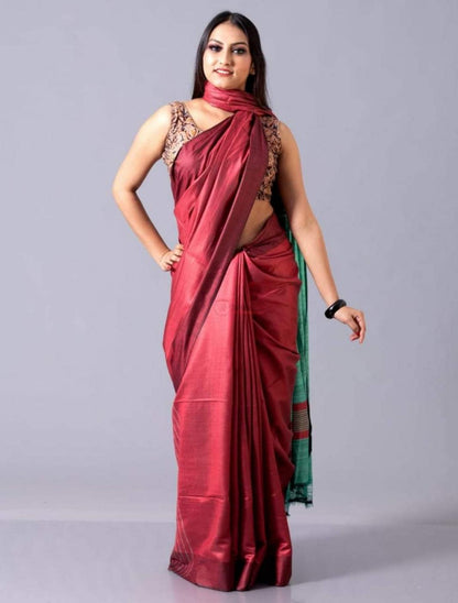 Pure Tussar Staple Handloom Silk Saree with Ghicha Pallu - Image 4 | Bong Trendz
