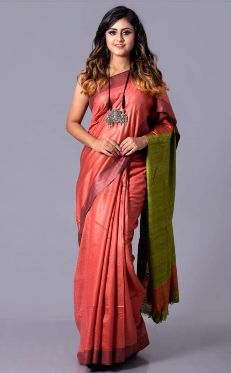 Pure Tussar Staple Handloom Silk Saree with Ghicha Pallu - Image 6 | Bong Trendz