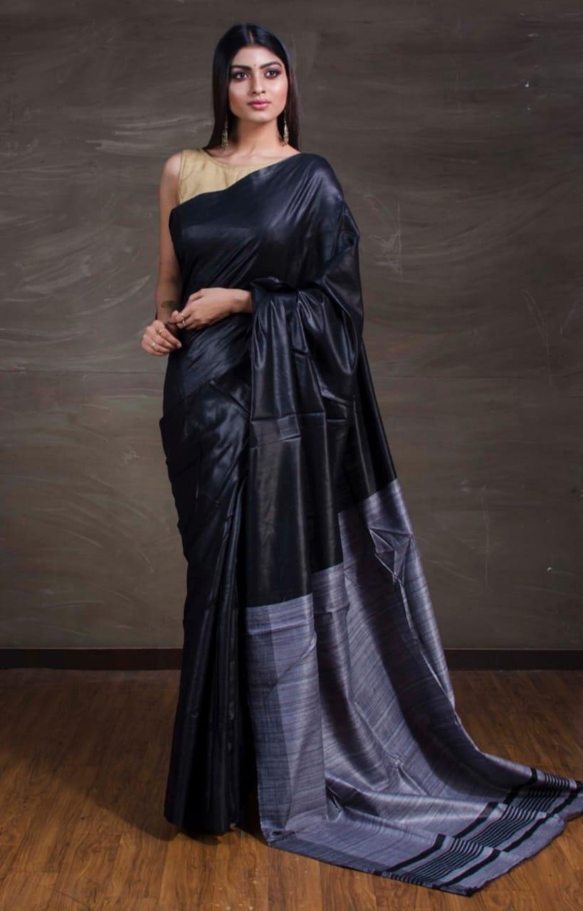 Pure Tussar Staple Handloom Silk Saree with Ghicha Pallu - Image 8 | Bong Trendz