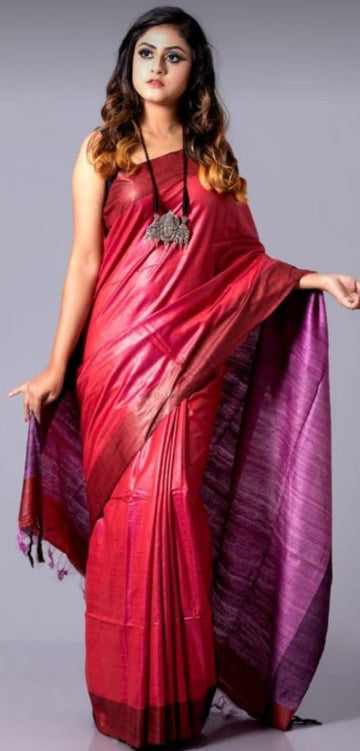 Pure Tussar Staple Handloom Silk Saree with Ghicha Pallu – Front View | Silk Mark Certified | Bong Trendz
