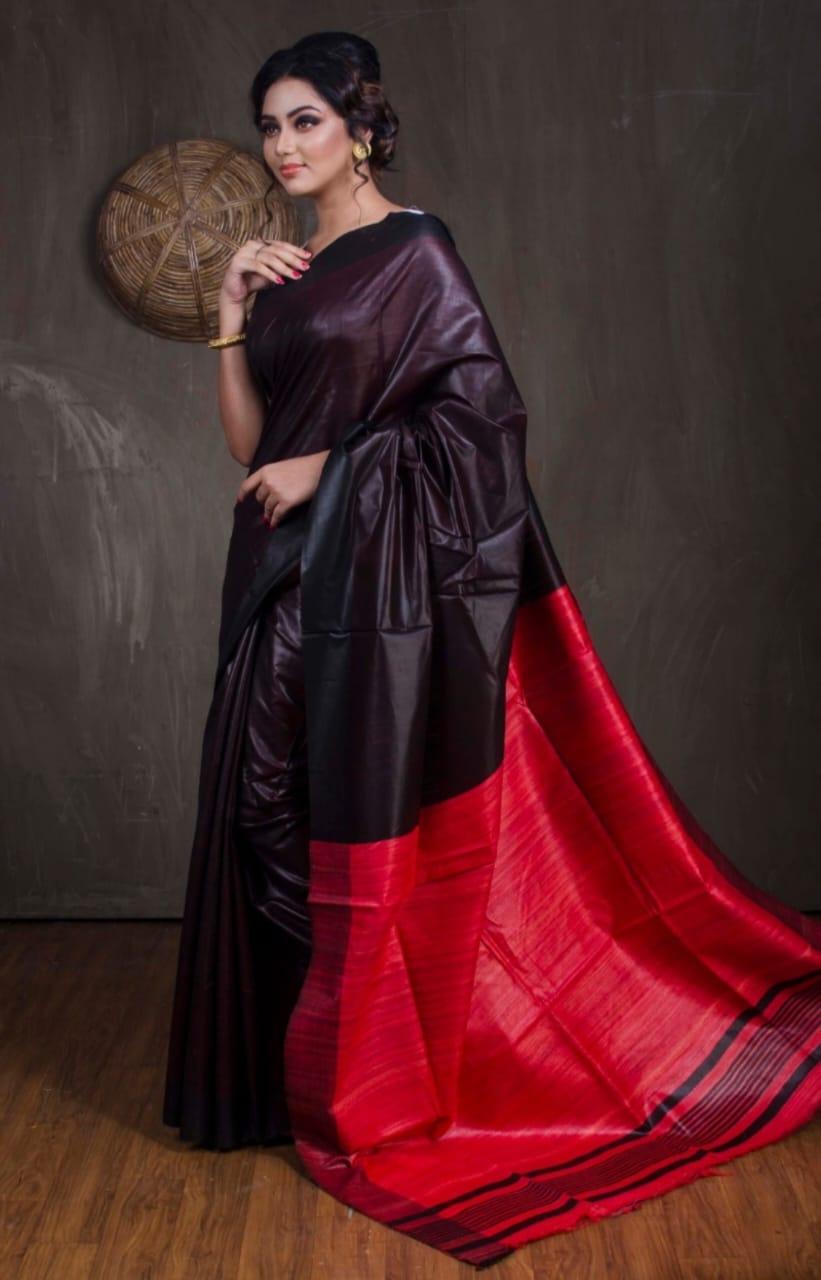 Pure Tussar Staple Handloom Silk Saree with Ghicha Pallu – Side View | Silk Mark Certified | Bong Trendz