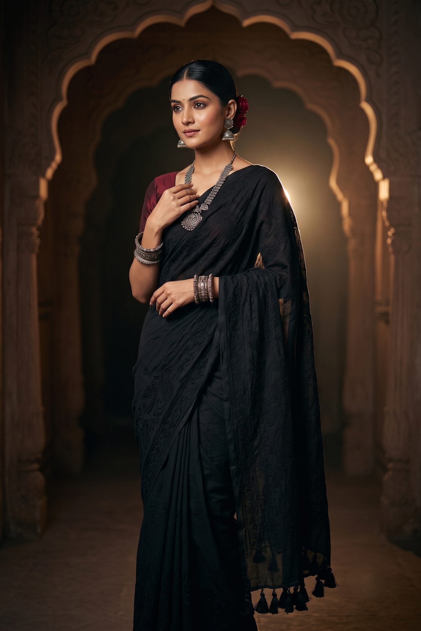 Black Shaam-e-Awadh Lucknowi chikankari mul cotton saree – front view