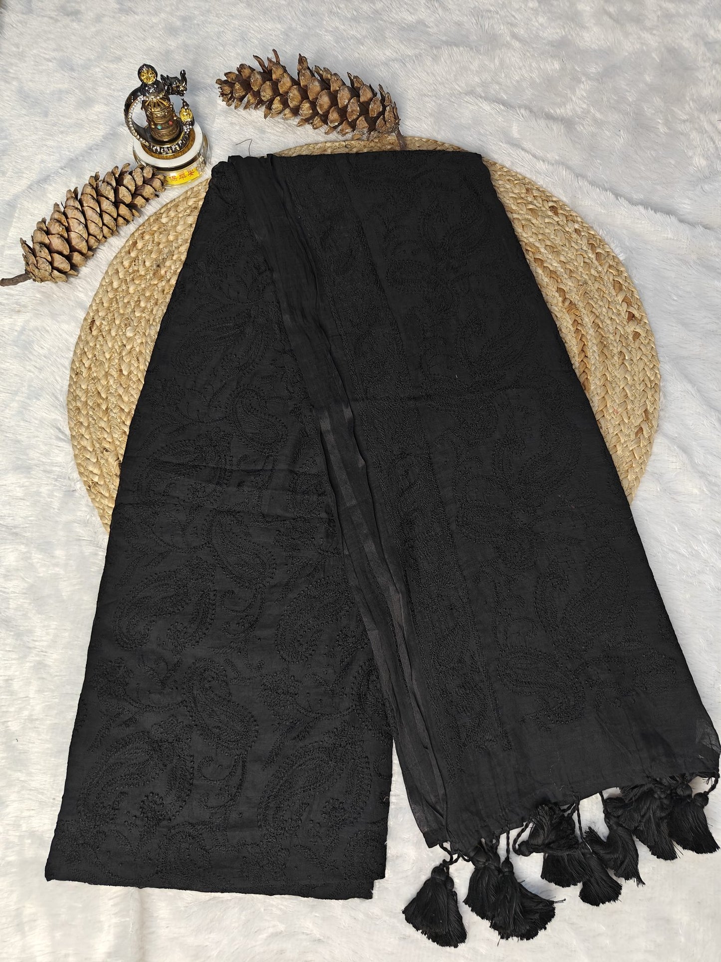 Black chikankari mul cotton saree – product flat lay