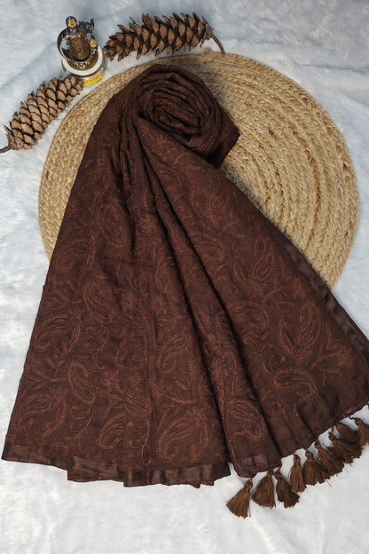 Brown chikankari mul cotton saree – tone-on-tone paisley embroidery detail
