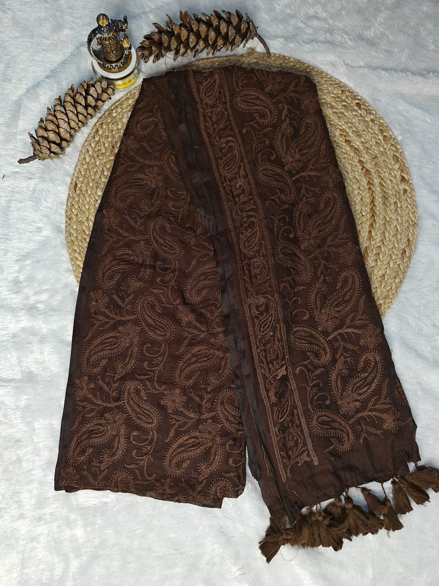 Brown chikankari mul cotton saree – product flat lay