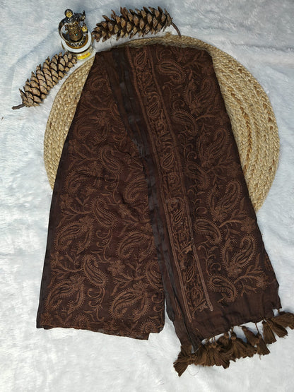Brown chikankari mul cotton saree – product flat lay