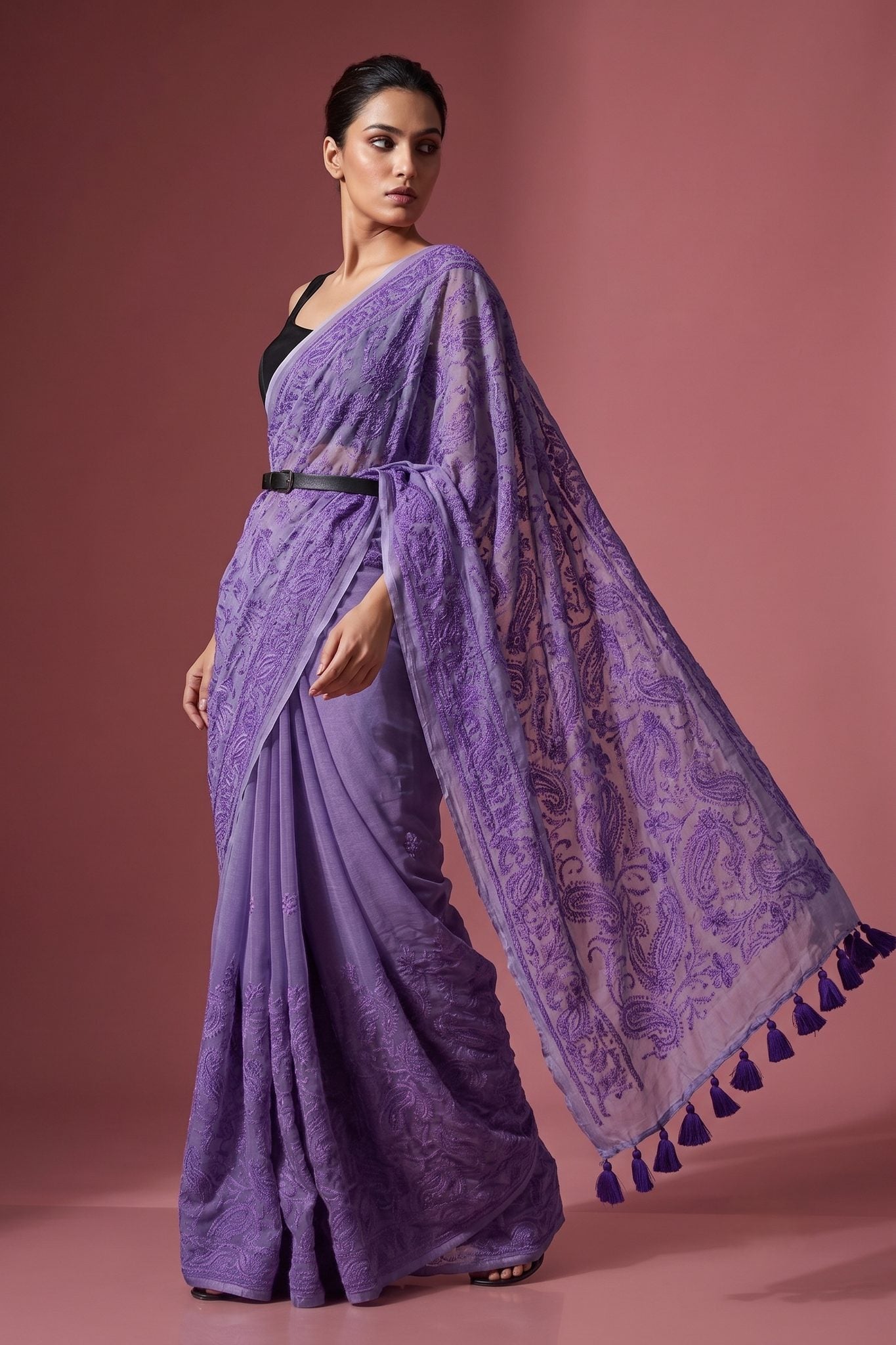 Lavender Shaam-e-Awadh Lucknowi chikankari mul cotton saree – front view