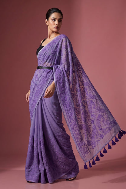 Lavender Shaam-e-Awadh Lucknowi chikankari mul cotton saree – front view