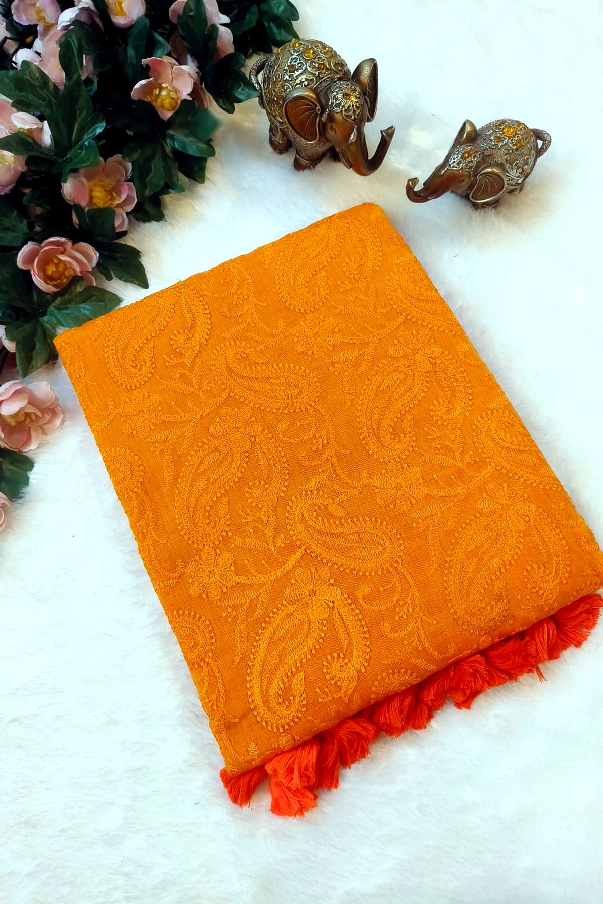 Mustard Shaam-e-Awadh Lucknowi chikankari mul cotton saree – product flat lay