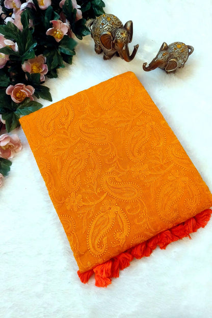 Mustard Shaam-e-Awadh Lucknowi chikankari mul cotton saree – product flat lay