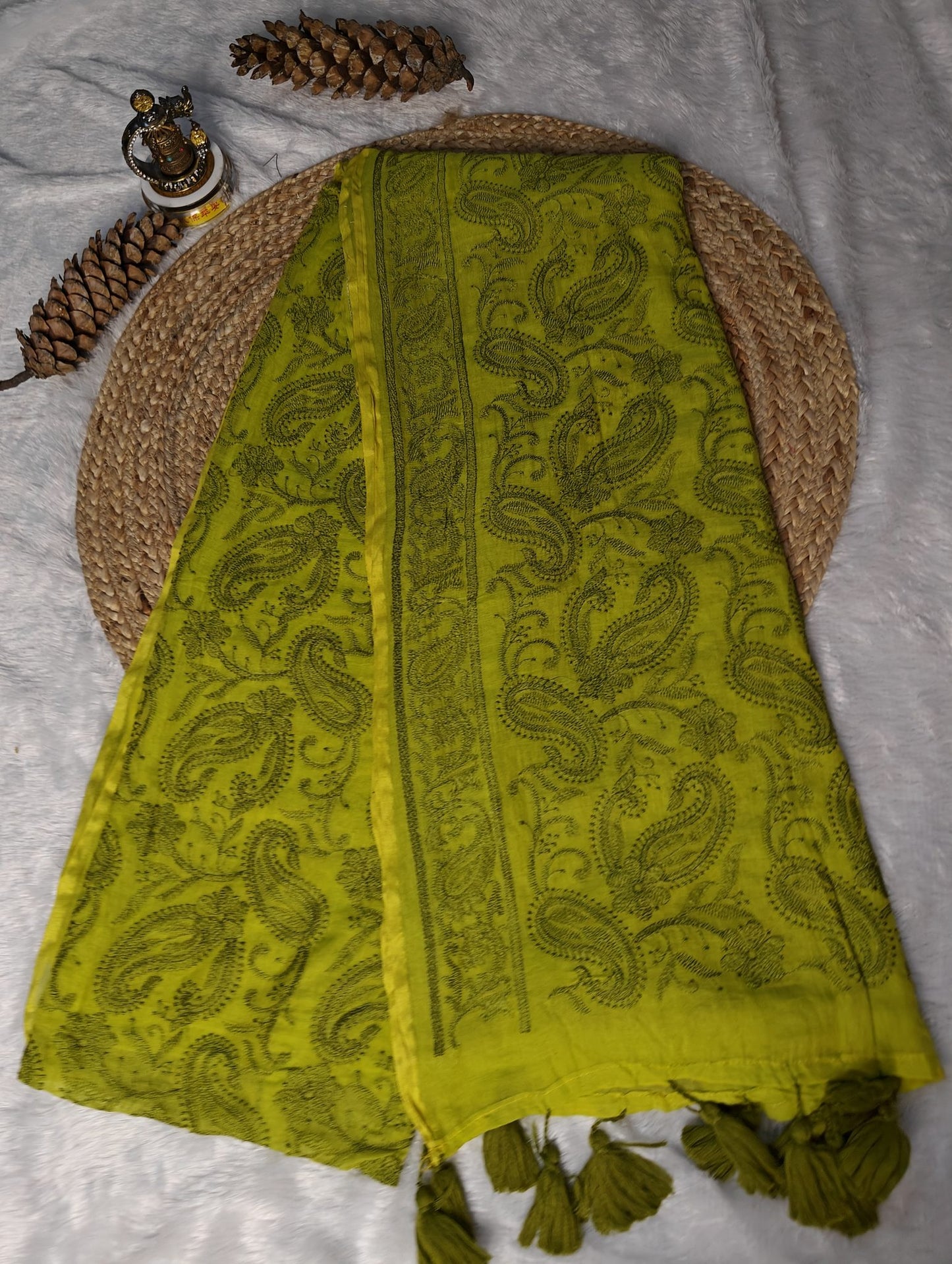 Olive green chikankari mul cotton saree – product flat lay