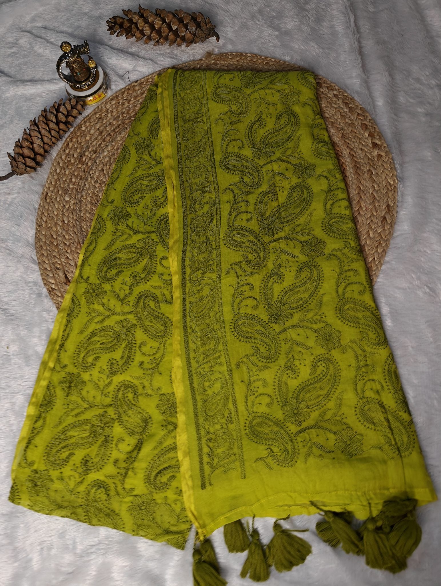 Olive green chikankari mul cotton saree – product flat lay