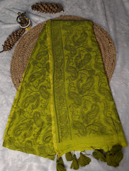 Olive green chikankari mul cotton saree – product flat lay