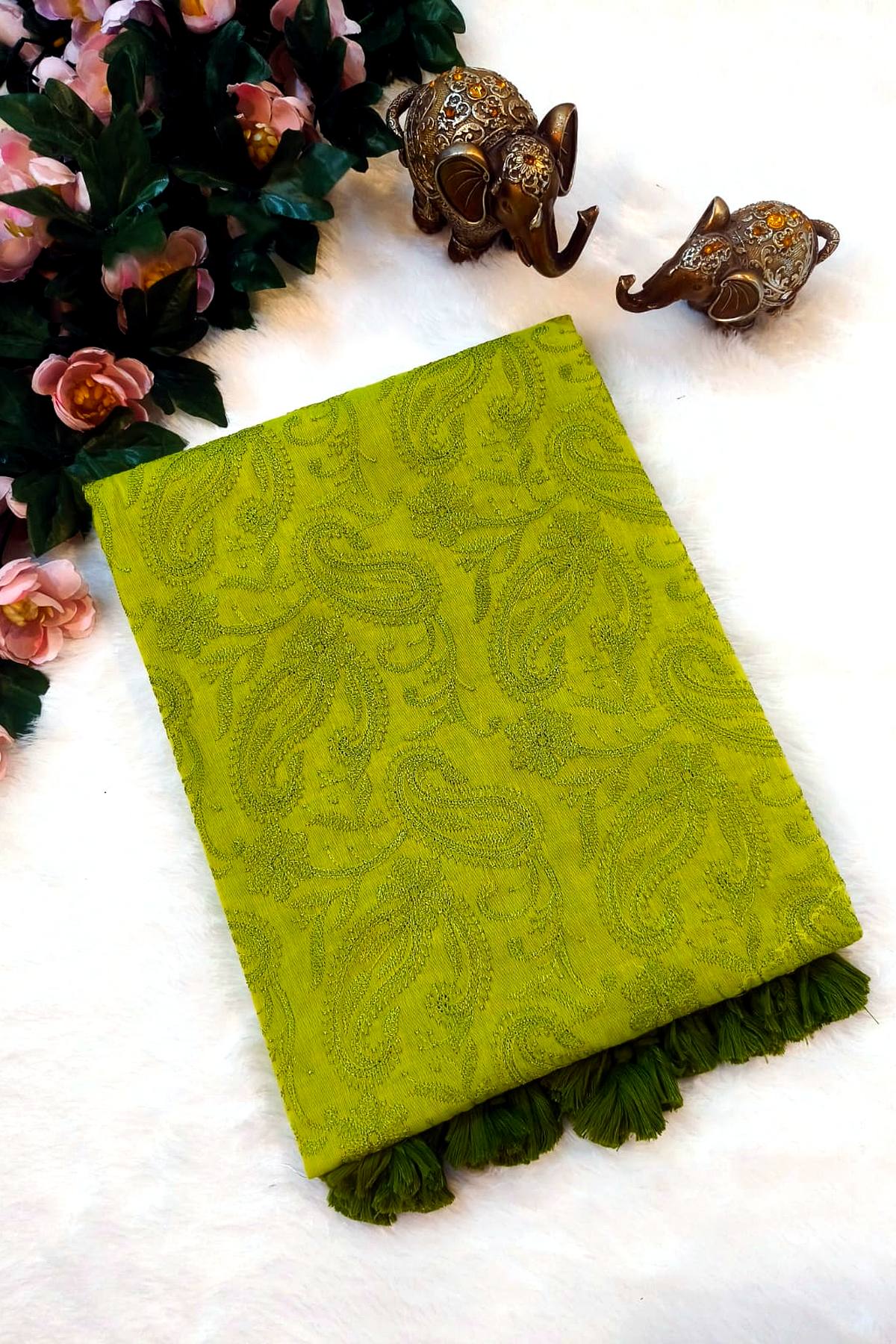 Parrot Green Shaam-e-Awadh Lucknowi chikankari mul cotton saree – product flat lay