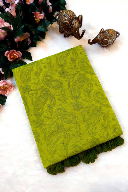 Parrot Green Shaam-e-Awadh Lucknowi chikankari mul cotton saree – product flat lay