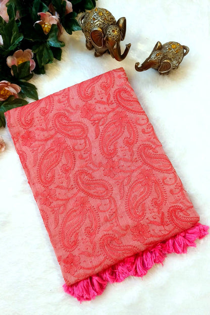 Peach Shaam-e-Awadh Lucknowi chikankari mul cotton saree – product flat lay