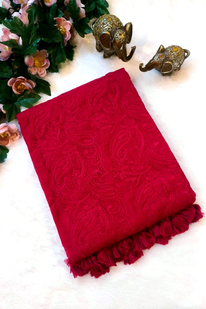 Rani Pink Shaam-e-Awadh Lucknowi chikankari mul cotton saree – product flat lay