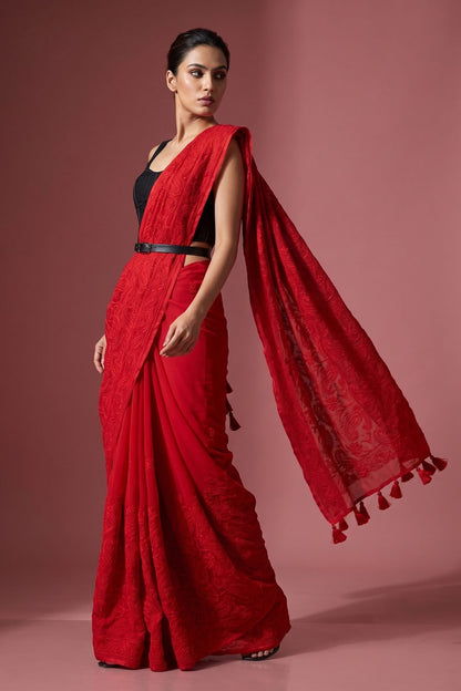 Red Shaam-e-Awadh Lucknowi chikankari mul cotton saree – front view