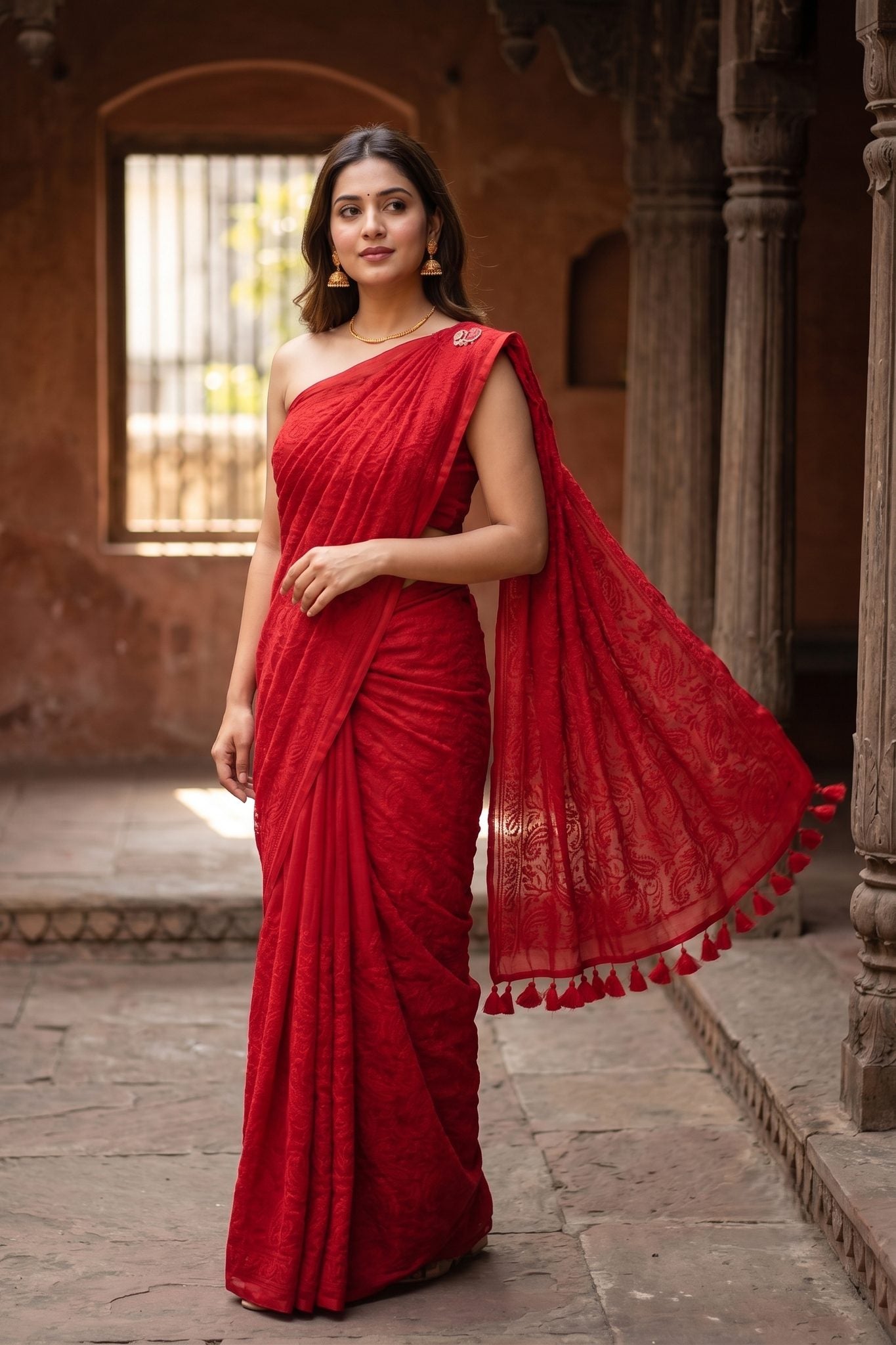 Red Lucknowi chikankari mul cotton saree – draped styling