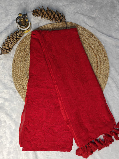 Red chikankari mul cotton saree – product flat lay