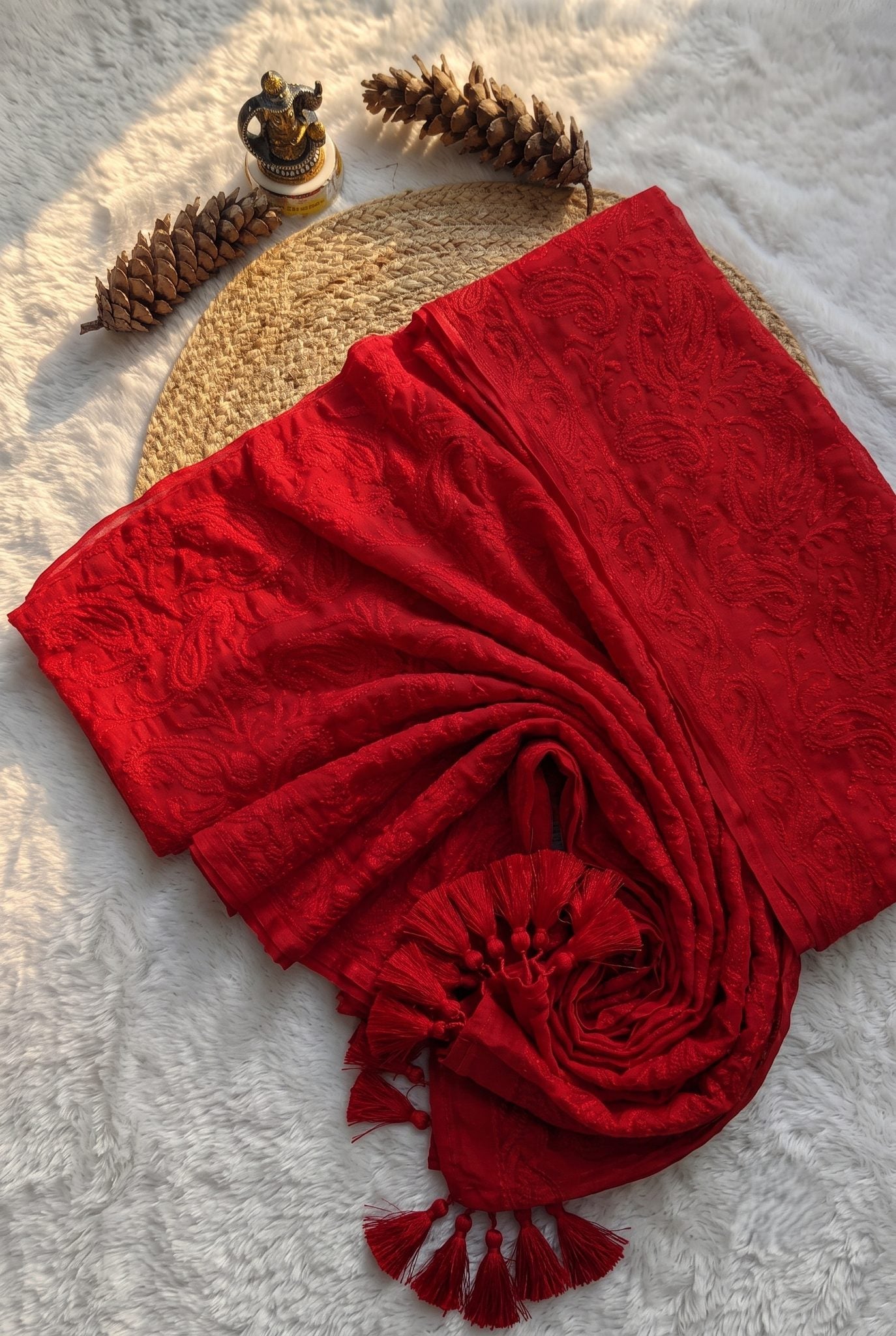 Red chikankari mul cotton saree – tone-on-tone paisley embroidery detail