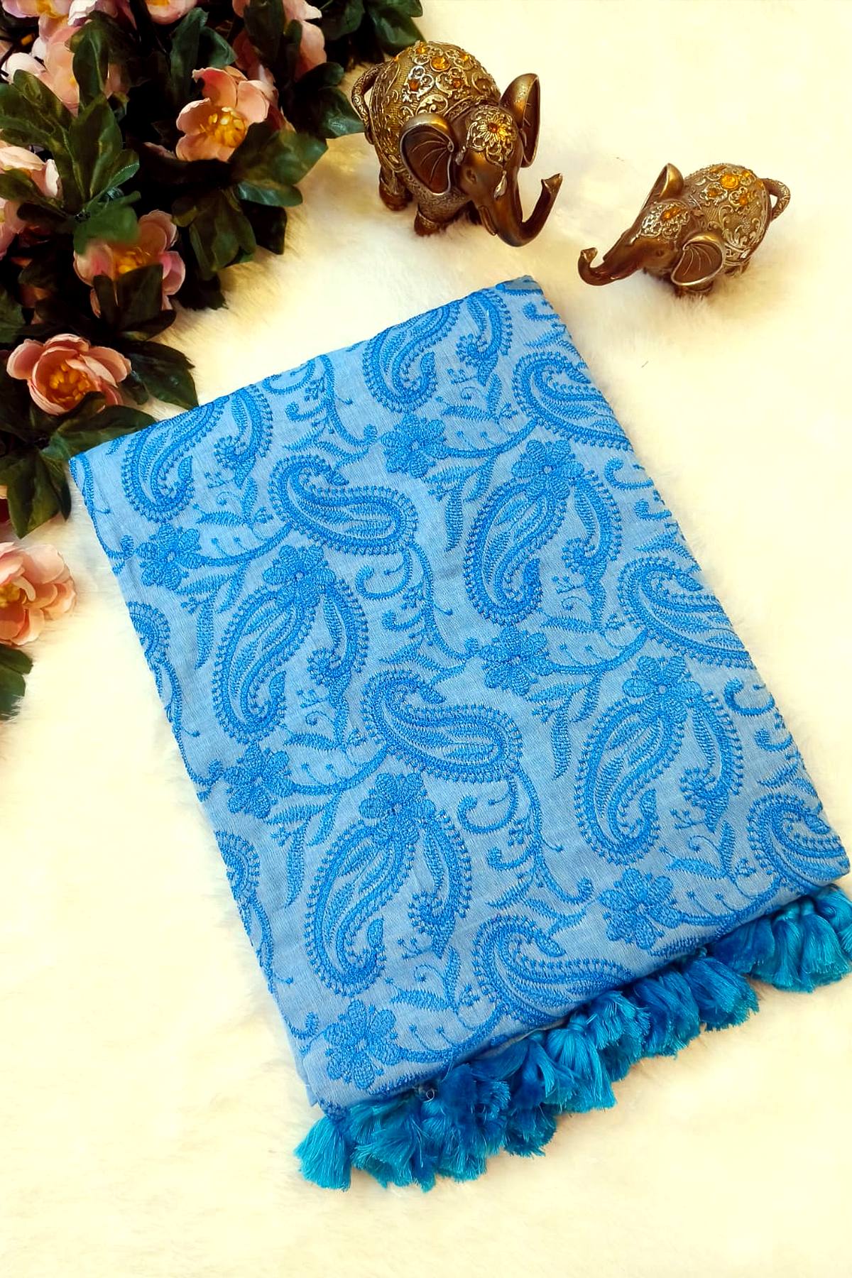 Sky Blue Shaam-e-Awadh Lucknowi chikankari mul cotton saree – product flat lay