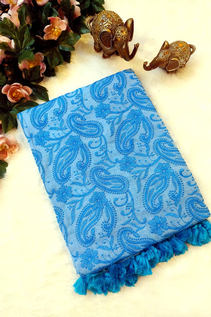 Sky Blue Shaam-e-Awadh Lucknowi chikankari mul cotton saree – product flat lay