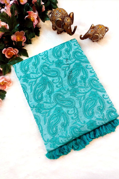 Teal Shaam-e-Awadh Lucknowi chikankari mul cotton saree – product flat lay