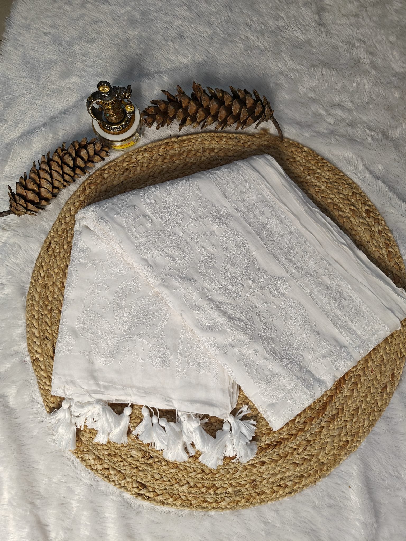 White chikankari mul cotton saree – product flat lay
