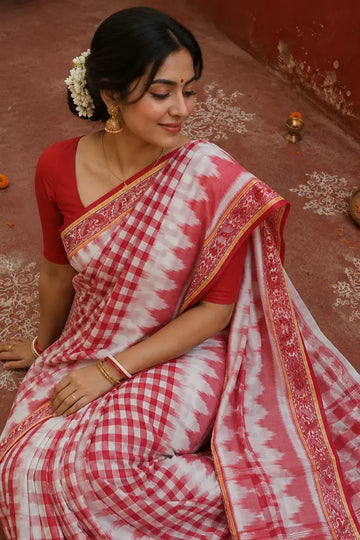Shantipur handloom cotton saree styled for Durga Puja with traditional alpana and diya decor