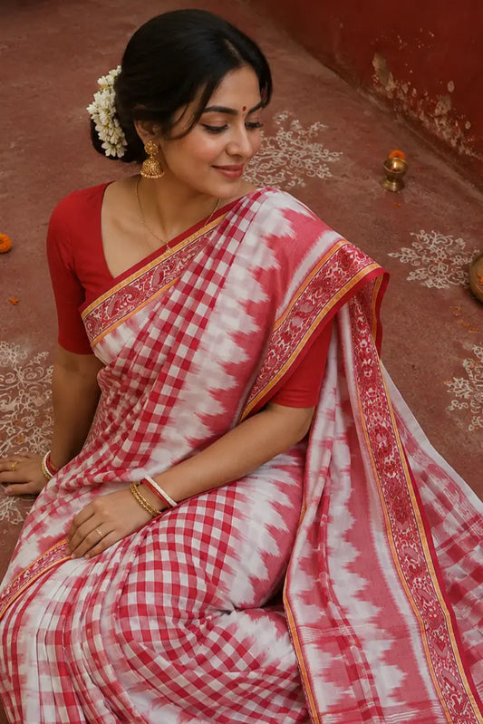 Shantipur handloom cotton saree styled for Durga Puja with traditional alpana and diya decor