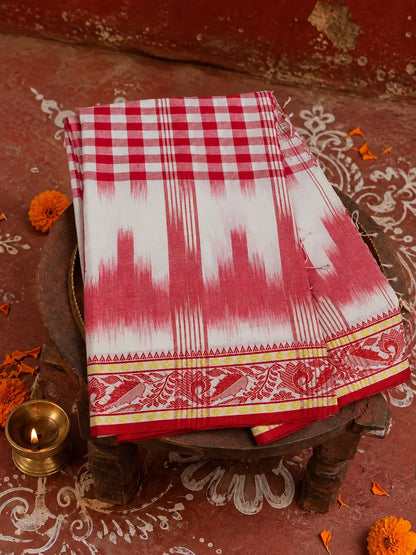 Shantipur GI tag handwoven Ikkat cotton saree in red and white check, folded view