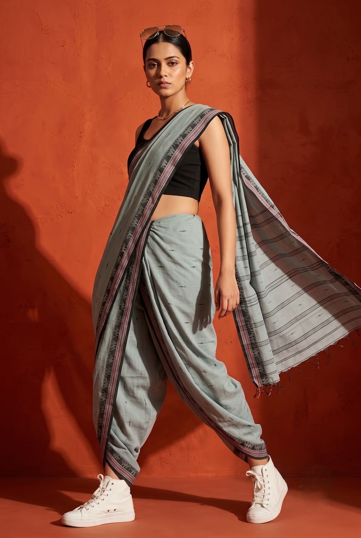 Konika grey Shantipur handloom cotton saree styled as a dhoti drape with white sneakers, GI tag butta weave