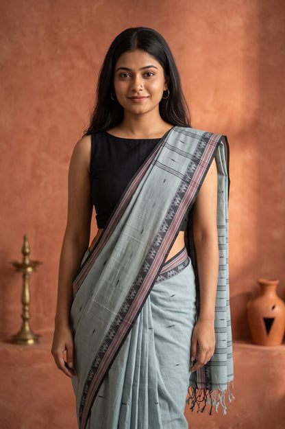 Konika grey Shantipur handloom cotton saree draped front view with maroon and black woven border