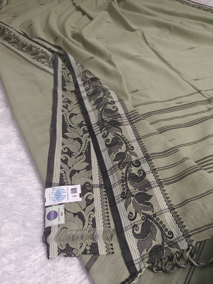 Konika olive green Shantipur cotton saree GI tag and Handloom Mark label close-up, real product photo