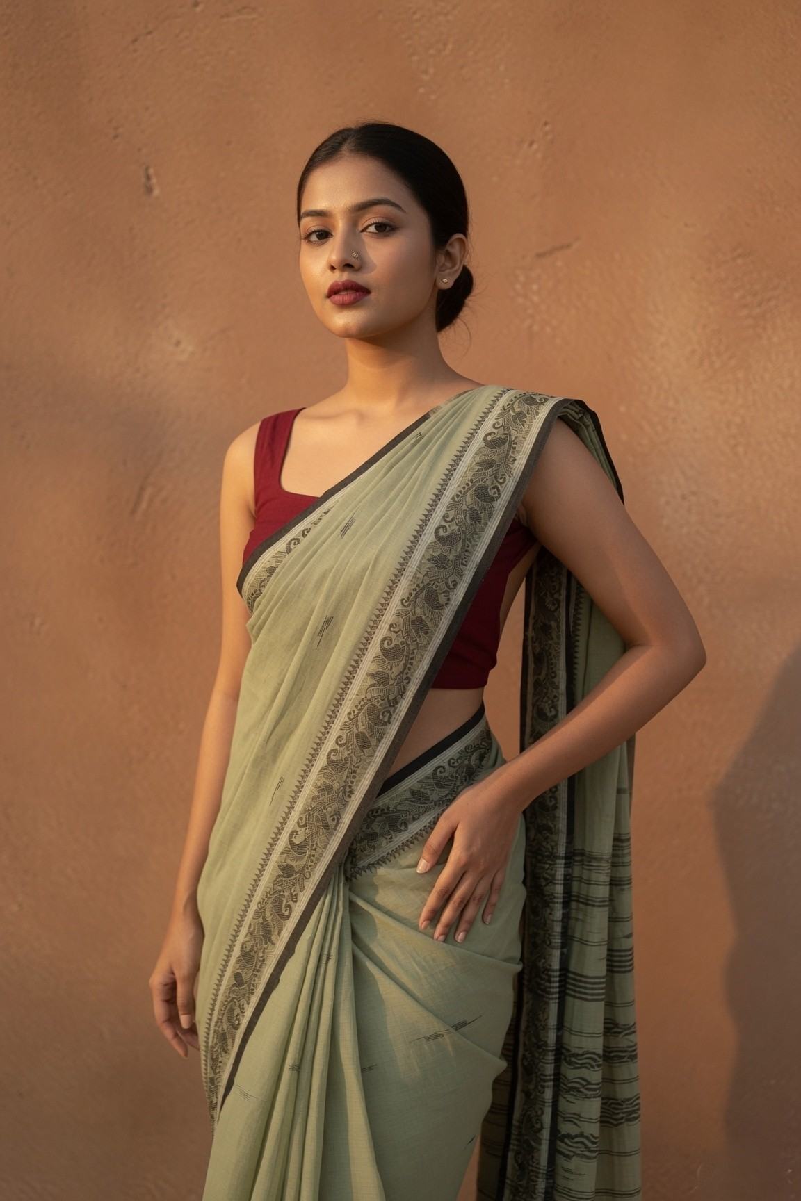 Konika olive green Shantipur handloom cotton saree styled with hand on hip, dark floral woven border