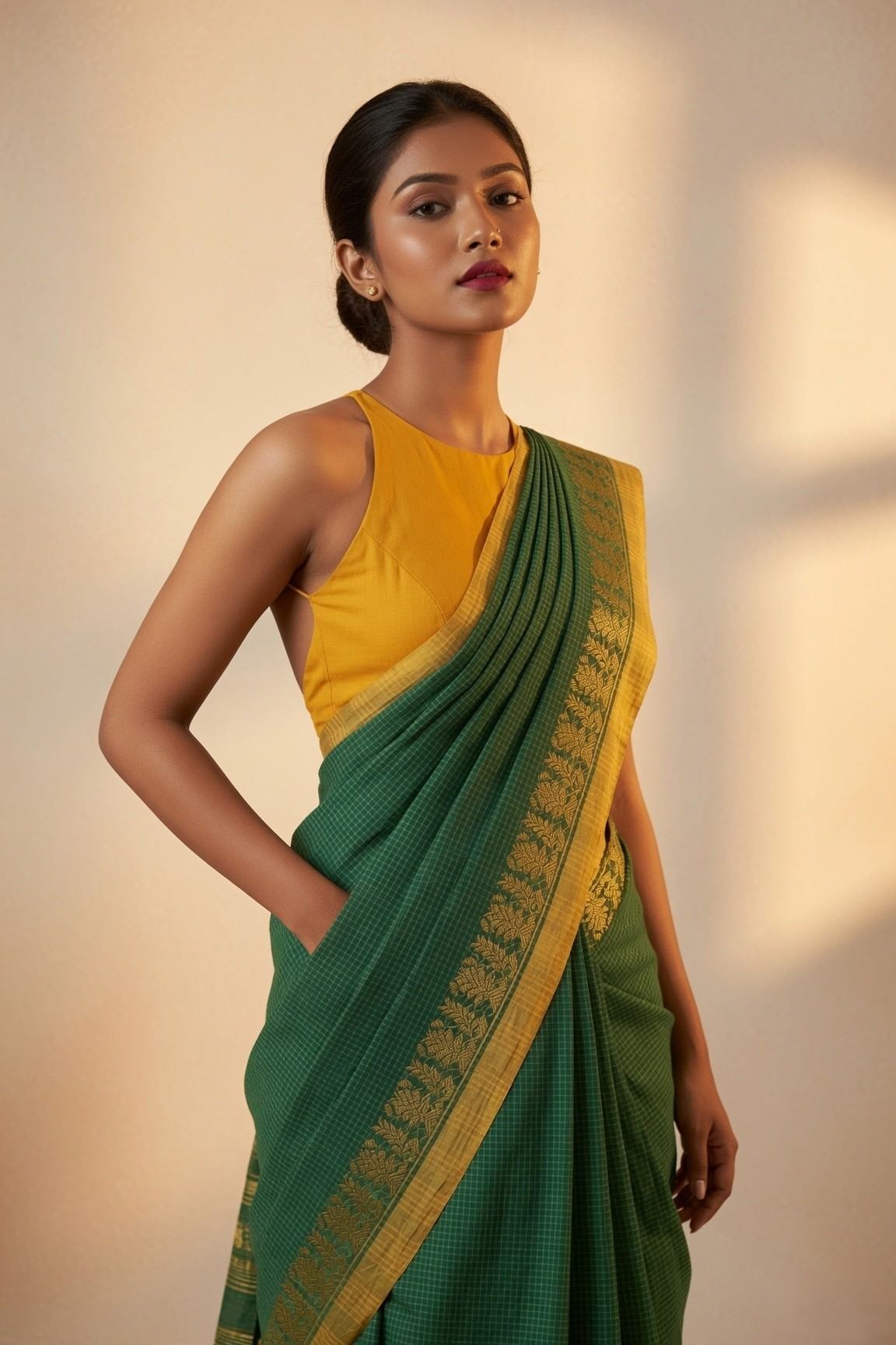 Patrangi green Shantipur handloom check cotton saree full-length drape with mustard blouse