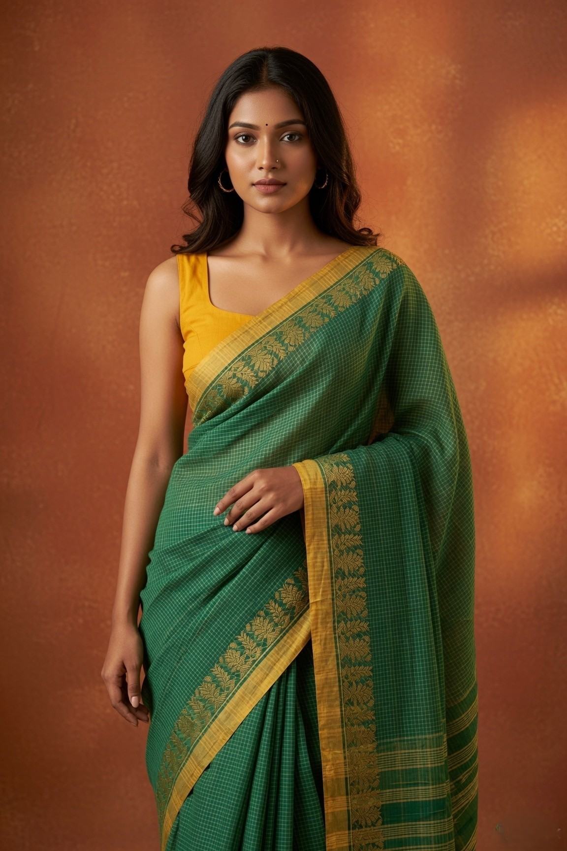 Patrangi green Shantipur handloom check cotton saree half-body drape with gold leaf-motif border