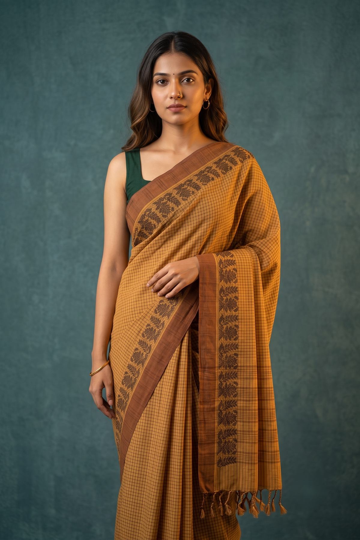Patrangi mustard Shantipur handloom check cotton saree draped front view with green blouse