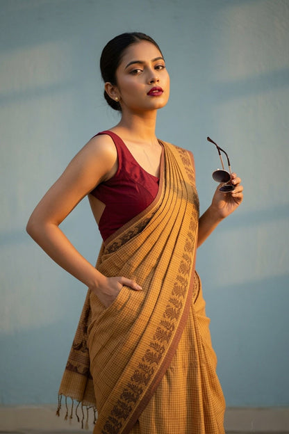 Patrangi mustard Shantipur handloom check cotton saree styled pose with sunglasses, maroon blouse