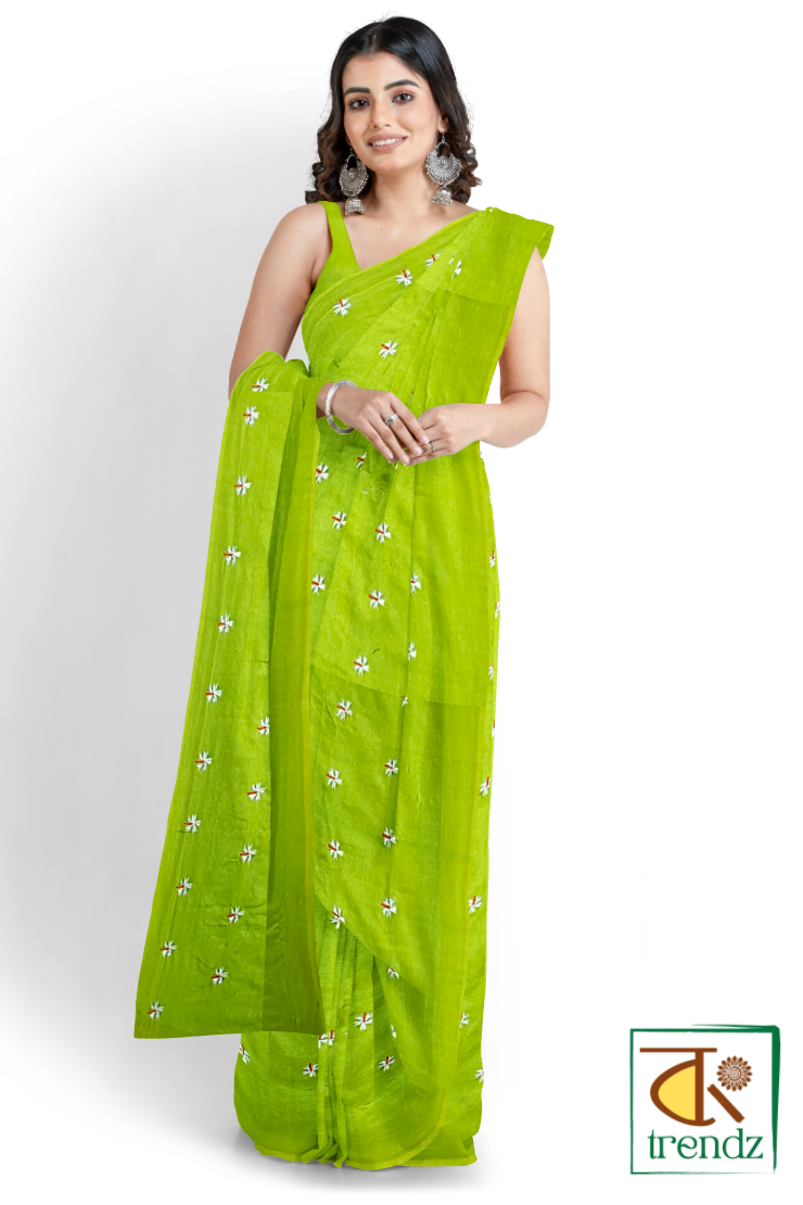 Shiuli Embroidery Cotton Handloom Saree – Light Green | Embroidery Handloom | Bong Trendz