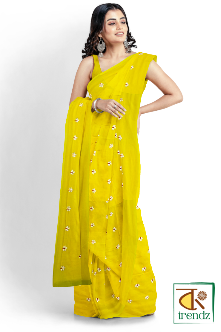 Shiuli Embroidery Cotton Handloom Saree – Yellow | Embroidery Handloom | Bong Trendz