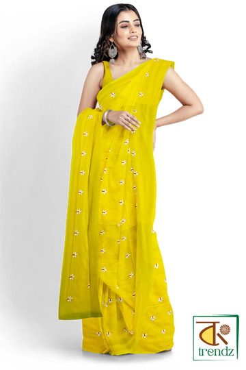 Shiuli Embroidery Cotton Handloom Saree – Yellow | Embroidery Handloom | Bong Trendz