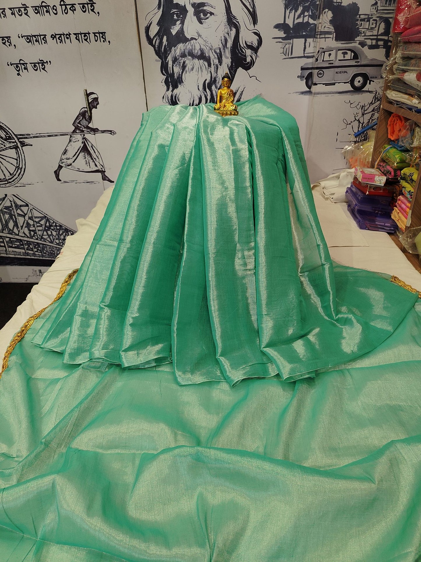 Exclusive New Trending Raga Tissue Less Border Saree (With Blouse Piece) in Sky Blue with blouse piece - Bong Trendz - view 4