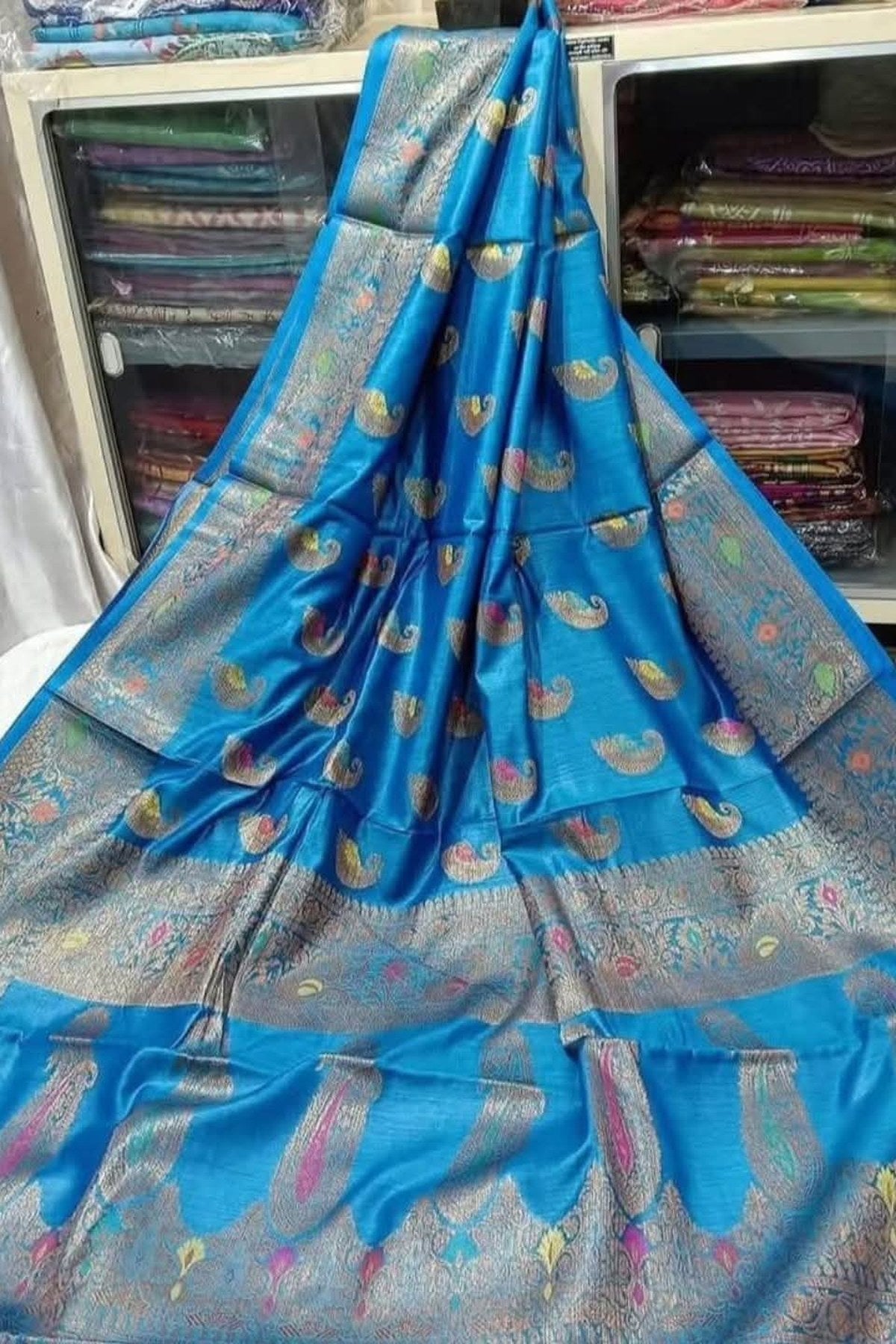 Banarasi Pure Tussar Munga Silk Saree With Zari Buti Weave in Sky Blue with blouse piece - Bong Trendz